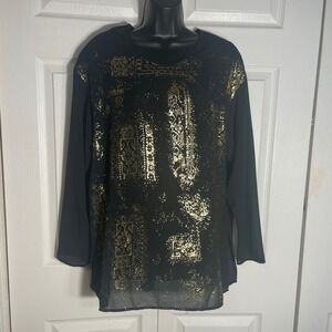 AUGUST MAX WOMAN Black Sheer Shirt Women X Gold Print Long Sleeve 90s Top Blouse